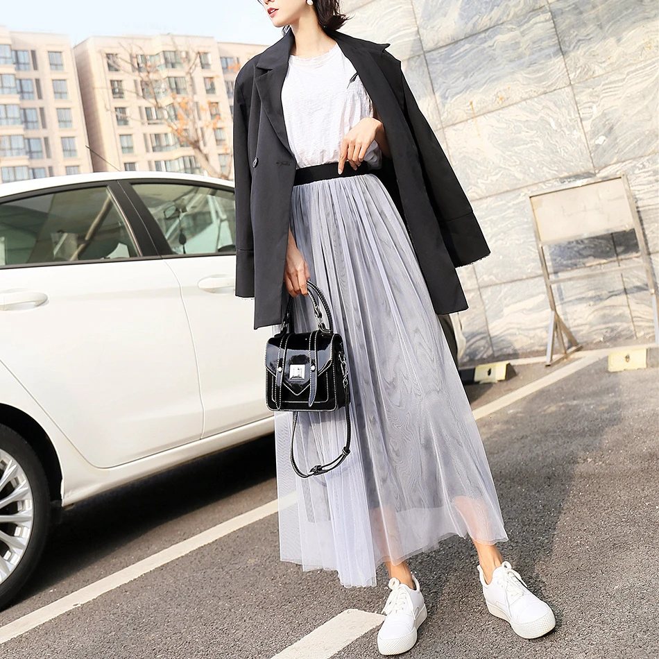 Тюль Юбки Женская Юп Longue Повседневное лето-осень дикий Harajuku Эластичный Высокая Талия Длинные линии одноцветная Юбка Saia Feminina