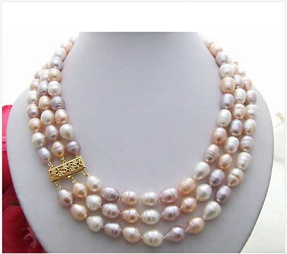 

Beautiful! 3 row natural multi colors rice Necklace
