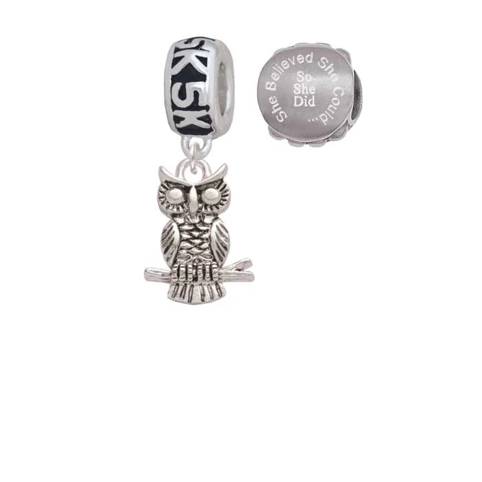 Antiqued Owl 5K Run She Believed She Could Charm Beads (Set of 2)