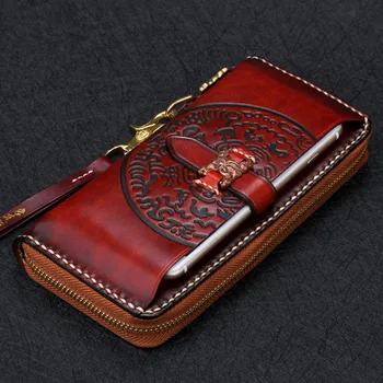 

Cheap Handmad Vintage Cow Leather Wallets Embossing Classics Hasp Bag Purses Women Men Long Clutch Wallet Card Holder Phone