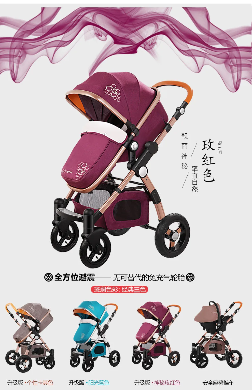 3 in 1 Luxury Baby Stroller with Car Seat For Newborn High View Folding Blue