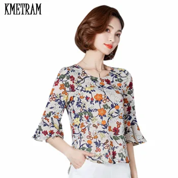 

KMETRAM 2019 Spring Summer Floral Print Chiffon Blouse Elegant Flare Sleeve Shirt Chiffon Tops Plus Size Blusas Femininas HH858