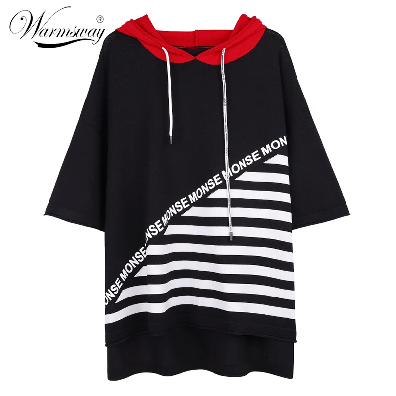 New Fashion Summer Loose Letter Jacquard Knitted T-shirt Women Hooded Striped Plus Size Casual Pullover top Preppy Style C-111