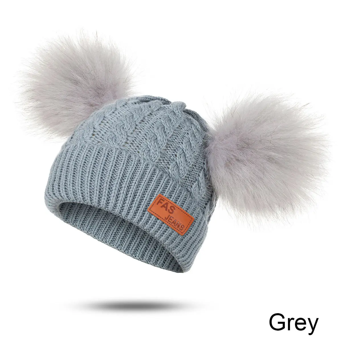 Модная зимняя детская шапка с 2 помпонами, однотонная, нежная, с узором, унисекс, со знаком, осенняя и зимняя теплая шапка - Цвет: grey 1