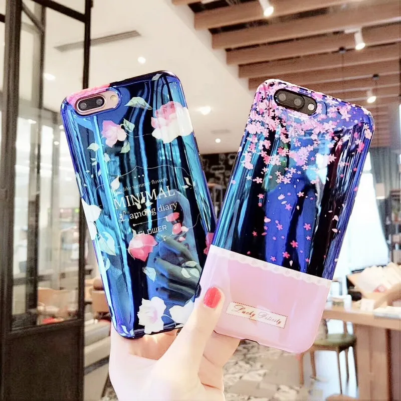 

Shiny Falling flowers case For iphone X 7 7Plus 8 8plus blue ray Soft silicon Mirror case for iphone 6 6s 6plus back cover