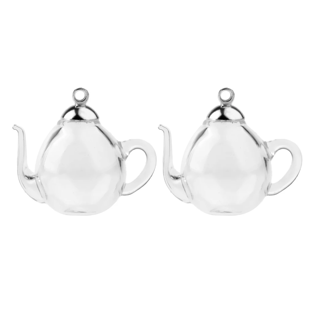 2Pcs Mini Teapot Empty Glass Wishing Cap Bottles Vial Pendant Charms Craft DIY