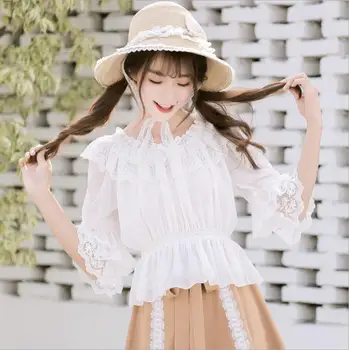 

Summer Lolita Sweet Lace Ruffle Blouse White/Apricot/Black Girls Woman Shirt classic lolita sweet Lolita medieval Shirt