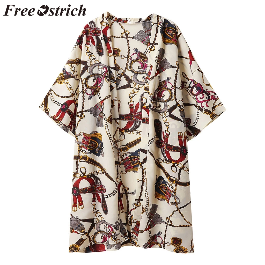 

FREE OSTRICH Women Shirts Printed Cardigan Coat Kimono Style Fresh Elements Loose Trend Honorable Elegant Summer Blouse Shirts