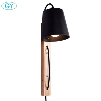 

Modern Wire Plug Wood+Iron Wall Sconces E27 LED Wall Lights For Home Bedroom Bedside Black White Wall Lamp Indoor store Lighting