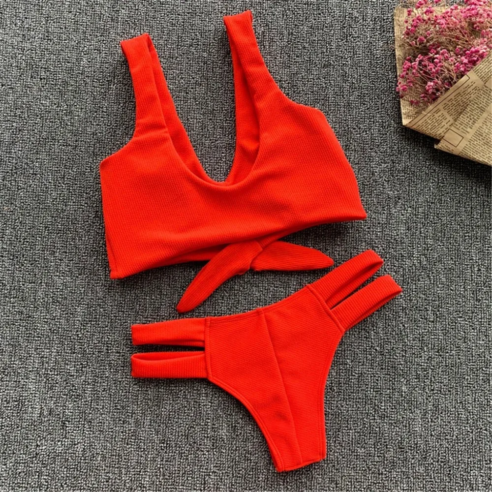 Women Two-Piece Swimsuit Backless Strappy Knot Solid Bikini Set Beachwear Female Separate Push Up Bikinis Solid &nbsp;New L5# (8)