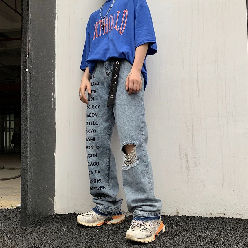 Новинка, летние женские джинсы, Harajuku, с надписями, тяжелые, для работы, с вышивкой, джинсы, свободные, с высокой талией, Ретро стиль, с дырками, джинсовые брюки для женщин#989