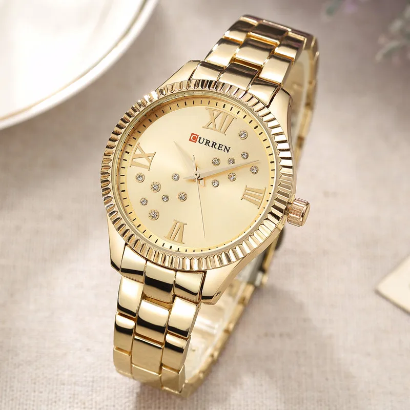 Relogio feminino люксовый бренд женские наручные часы Curren золото из нержавеющей стали ювелирные изделия с кристаллами женские кварцевые часы платье женские часы