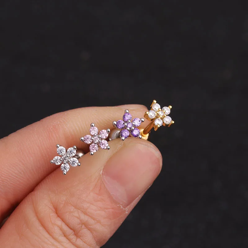 

Sellsets White Pink Purple Cubic Zirconia Flower Cartilage Earring Helix Piercing Conch Rook Tragus Stud Ear Piercing Jewelry