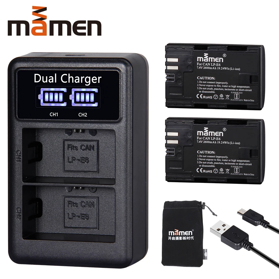 

2600mAh LP E6 LP-E6 LPE6 Digital Camera Battery +USB LCD Dual Charger for Canon Mark II Mark III 6D 7D 60D 60Da 70D 80D 5DS 5D