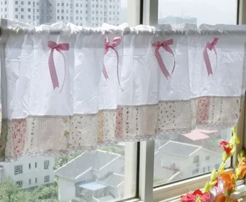 

Durable curtain 1 Panel 40*150cm Elegant Pink Printed splice lace with Bow Cotton short curtain Home decorative kitchen curtains