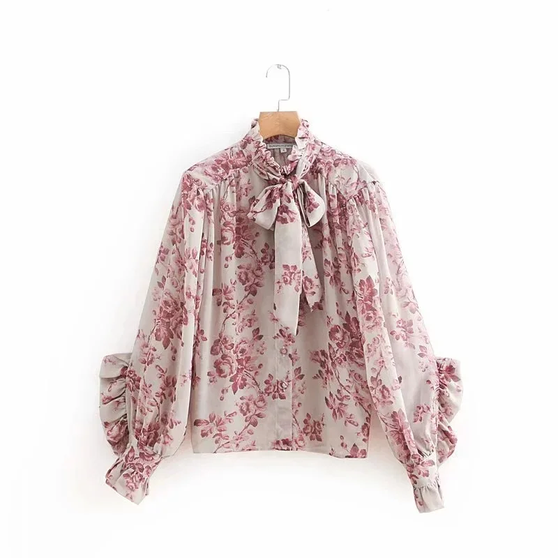 

2019 Spring New Arrival Sweet & Fairy Slim Ruffle Blouse Floral Printed Petal Sleeve Women Shirts With Bow Tie Free Shipping