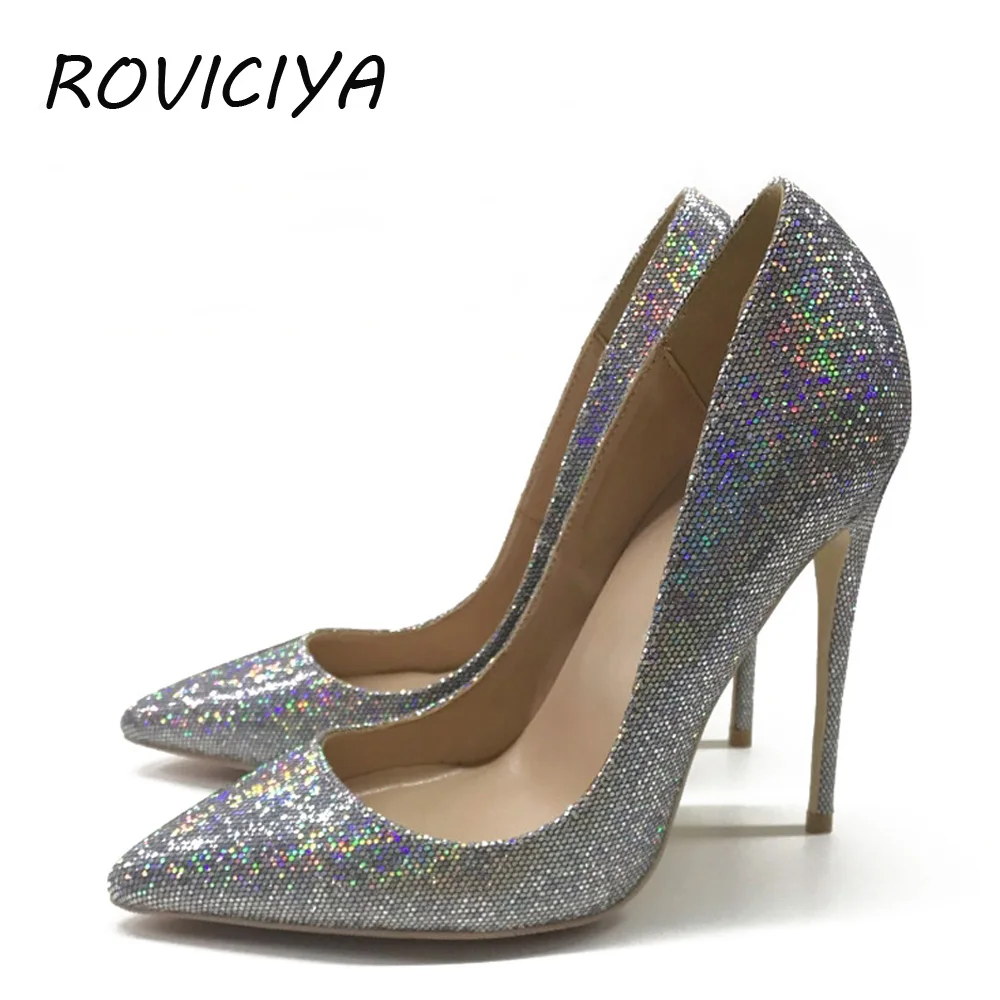 

Silver 12 cm glitter bling high heel pumps sexy stiletto party wedding women ladies shoes with heels valentine LF009 ROVICIYA