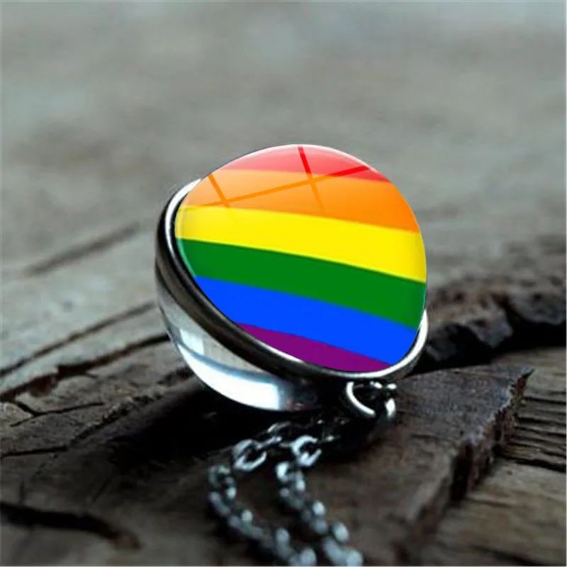 

Rainbow Gay Lesbian Pride Necklace 16mm Double Sided Glass Ball Pendant LGBT Jewelry Vintage Bronze Chain Necklace Women Gifts