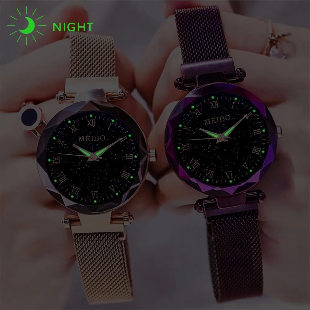 Women Mesh Magnet Buckle Starry Sky Watch Luxury Ladies Geometric Surface Roman Dial Quartz Relogio Feminino|Женские часы| |