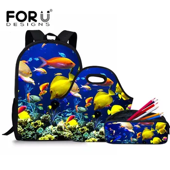 

FORUDESIGNS 3D Tropical Fish Printing Schoolbag for Teenagers Boys Student Book Bag Preppy Shoulder Bags With School Pencil Case