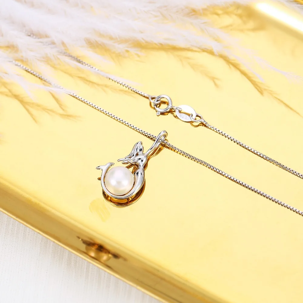 925 sterling silver women pendant necklace with white freshwater pearls box chain jewelry (4)