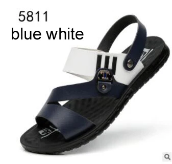 Сандалии кожаные мужские летние повседневные пляжные ботинки Роскошные шлепанцы Нескользящие тапочки для мужчин Высокое качество брендовые Дизайнерские мужские Тапочки - Цвет: 5811 blue white