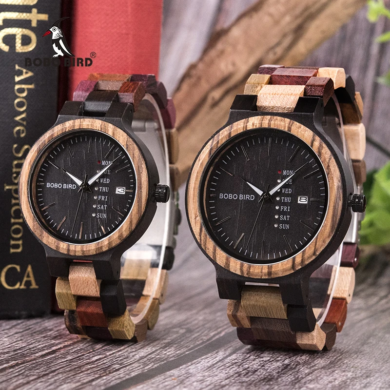BOBO BIRD Luxury Designer Auto Date Colors Wooden Watches for Men Handmade Quartz Wrist Wristwatches relogio masculino C-P14- 1
