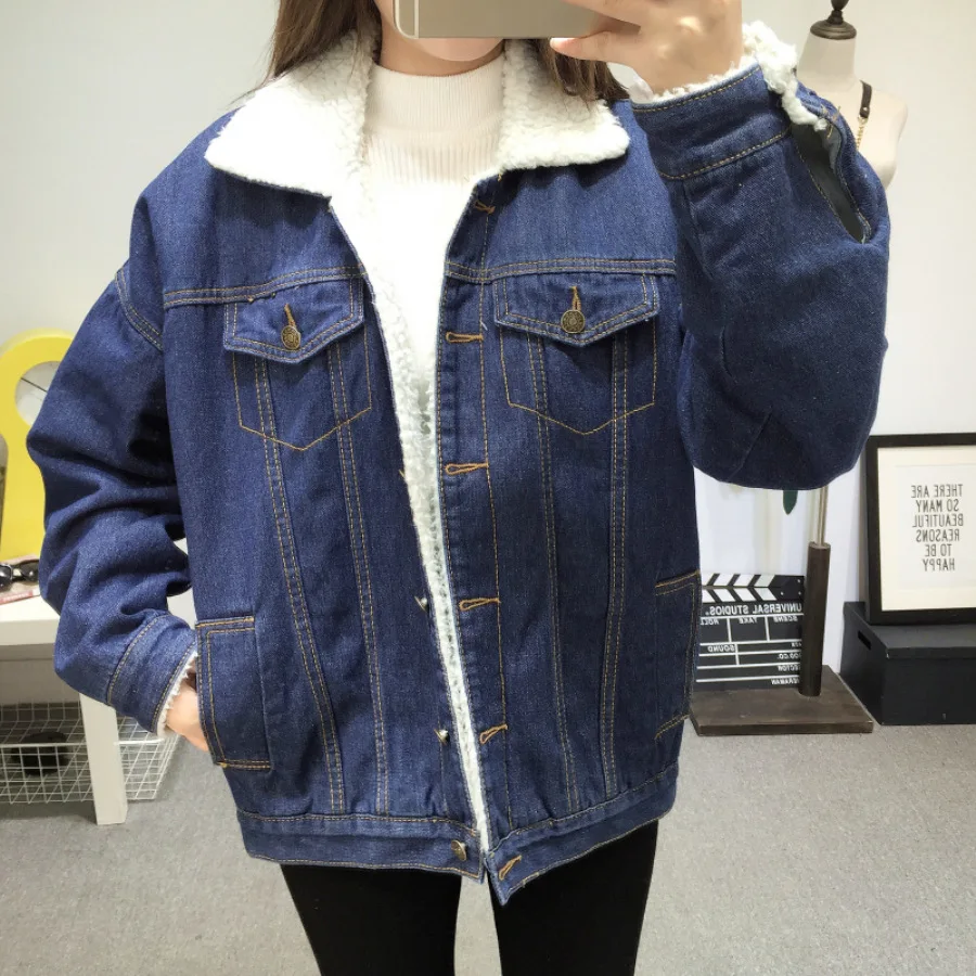 

Yaxez 2018 Winter Fashion Women Lamb Wool Jean Coat Pockets Long Sleeves Warm Padded Warm Denim Coat Plus Size Wide Denim Jacket