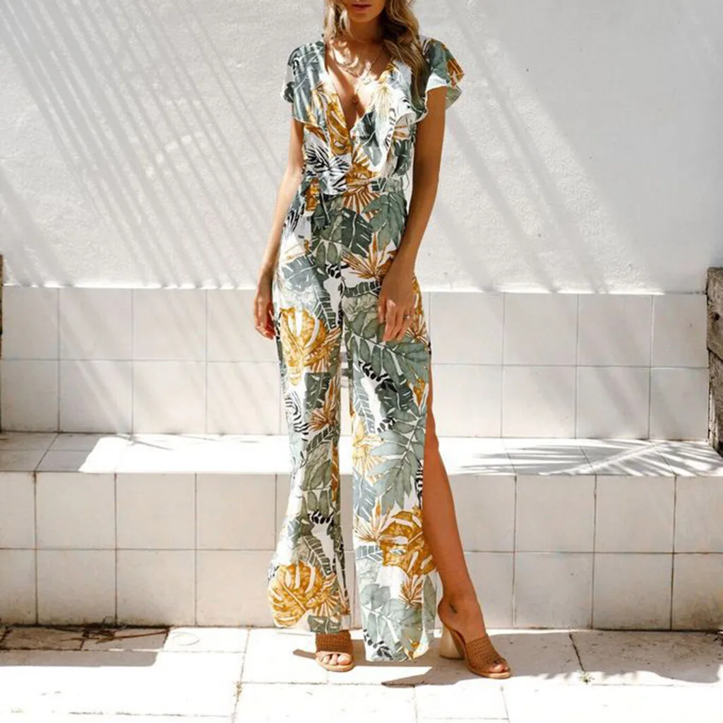 

retro floral print Jumpsuit Women sexy deep V-neck overalls summer boho beachwear split Jumpsuit Elegant Slim Wide Leg Jumpsuit