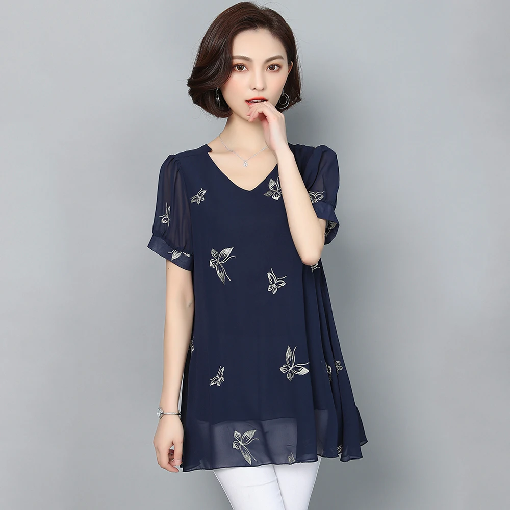Spring and summer new style Women's large sizeL- 6XL short sleeve blouses Butterfly embroidery temperament chiffon top
