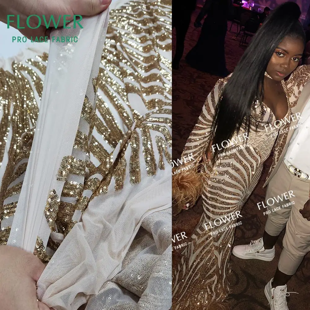 

Gold Sequined Stretch Mesh Lace Fabric High Quality 2019 African Sequins Net Lace For Guinean Wedding Bride Dresses Net Material
