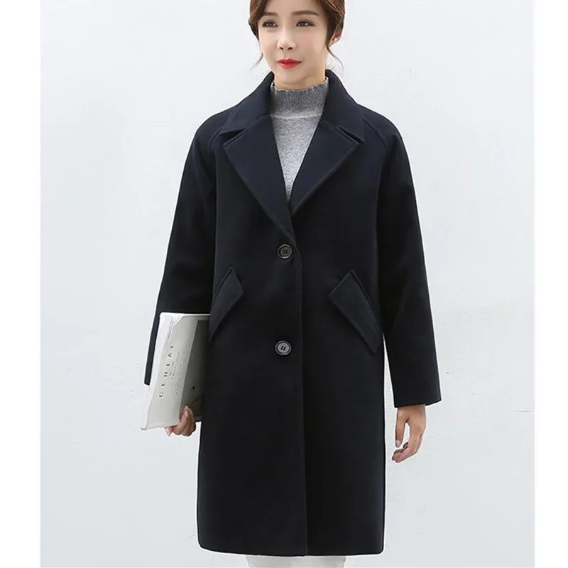 Зимнее длинное пальто, женская шерстяная куртка, новая корейская мода размера плюс, черное теплое пальто из искусственного шерсти, осенние куртки для женщин, пальто