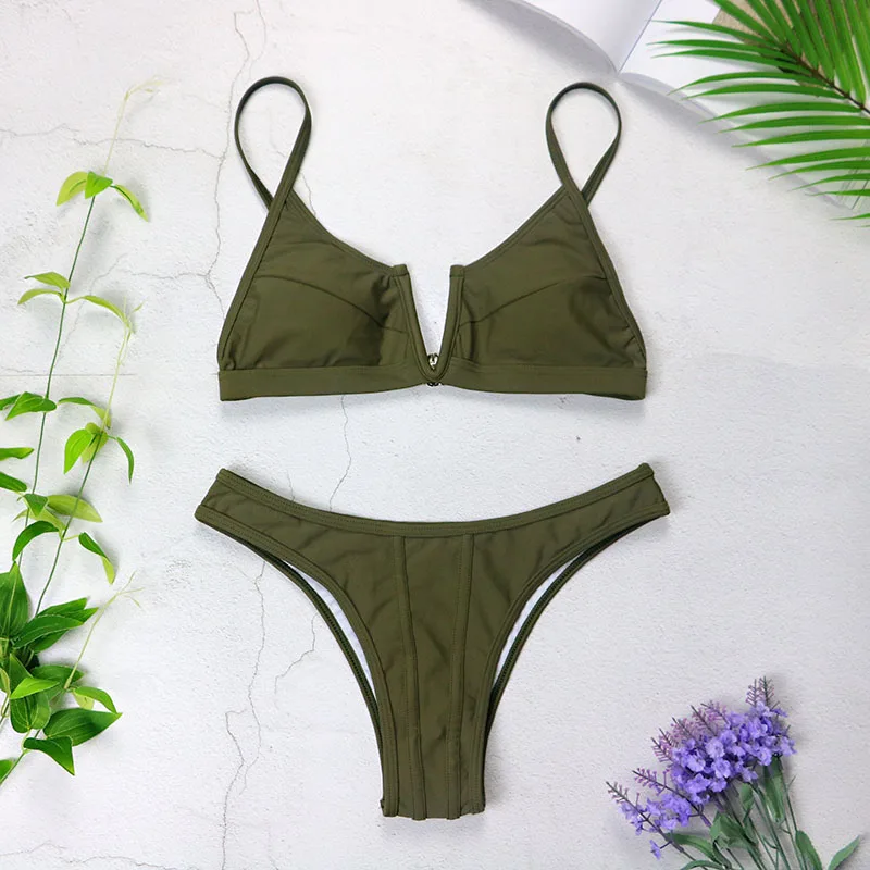 

New Print Bikinis V Neck Women Swimwear Female Swimsuit Push Up Bikini Set Brazilian Thong Bathing Suit Solid Beach Wear