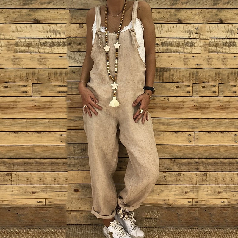 

Women Overalls Wide Leg Pants Casual Cotton Linen Jumpsuits Strap Long Trousers Women Loose Rompers