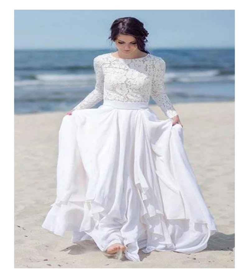 

LORIE Boho White Ivory Wedding Dress Scoop A-Line Appliques Chiffon Bride Dress Two pieces sets Wedding Gown Free Shipping 2019