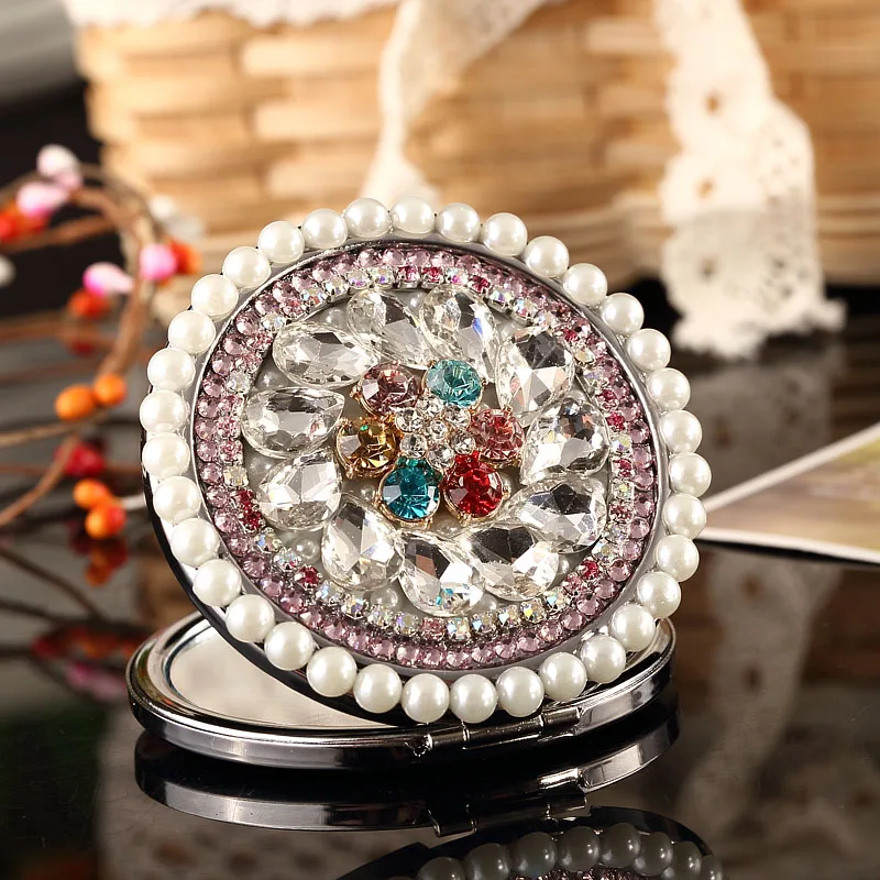 2 pcs/lot,Engrave words free,bling rhinestone crystal flower,Mini Beauty pocket mirror makeup compact mirror,wedding party gifts