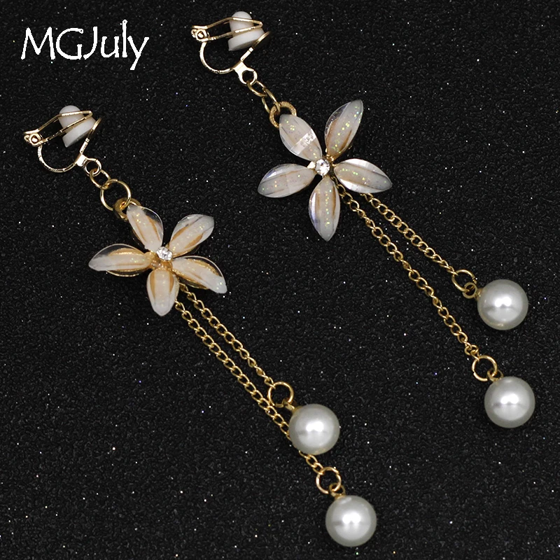 

Flower Pearl Tassel Clip Earrings Without Piercing Simulated-Pearl Earrings Non Pierced Ear Clips Women Long Earring CE313