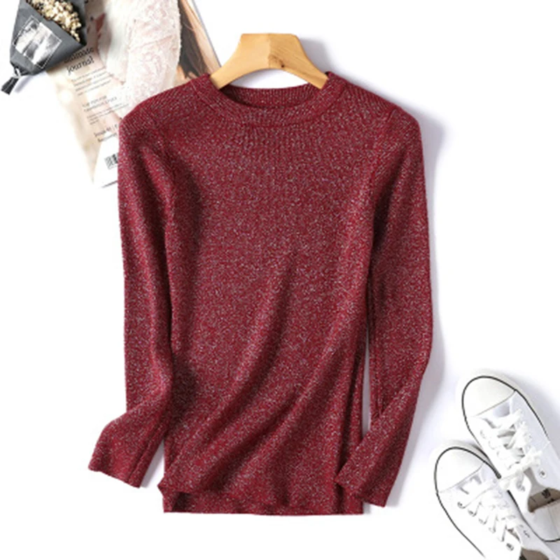 Hengsong Hot Shiny Lurex Autumn Basic Sweater Women Fashion Korean Style Knitted Female Long sleeve Pullover Tops | Женская одежда