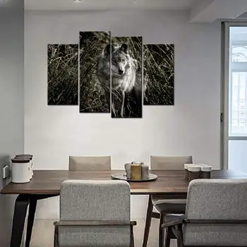 

Animal Wall Art Wolf Hunting in Wild Forest Picture Canvas Prints 4 Piece Stretched and Framed Artwork