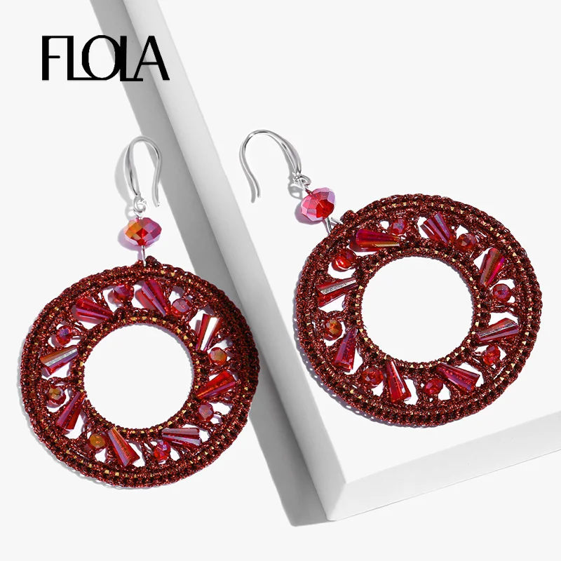 

FLOLA 2019 Red Beaded Earrings for Woman Drop Circle Boho Earrings Handmade Ethnic Vintage Jewelry Big Oorbellen Beads ersp08