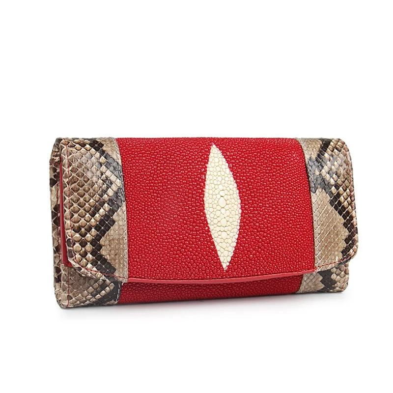 

Thailand Genuine Real Stingray Skin Women Long Clutch Wallet Purse Exotic Authentic Python Snake Leather Lady Large Card Wallet