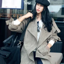 Женские осенние модная верхняя одежда средней длины женские Тренч большие лацканы с длинными рукавами пальто