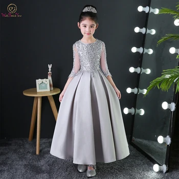 

Walk Beside You Gray Flower Girl Dresses Long Floor Length Satin A-line Lace Applique Beading Three Quarter Sleeves Evening Gown