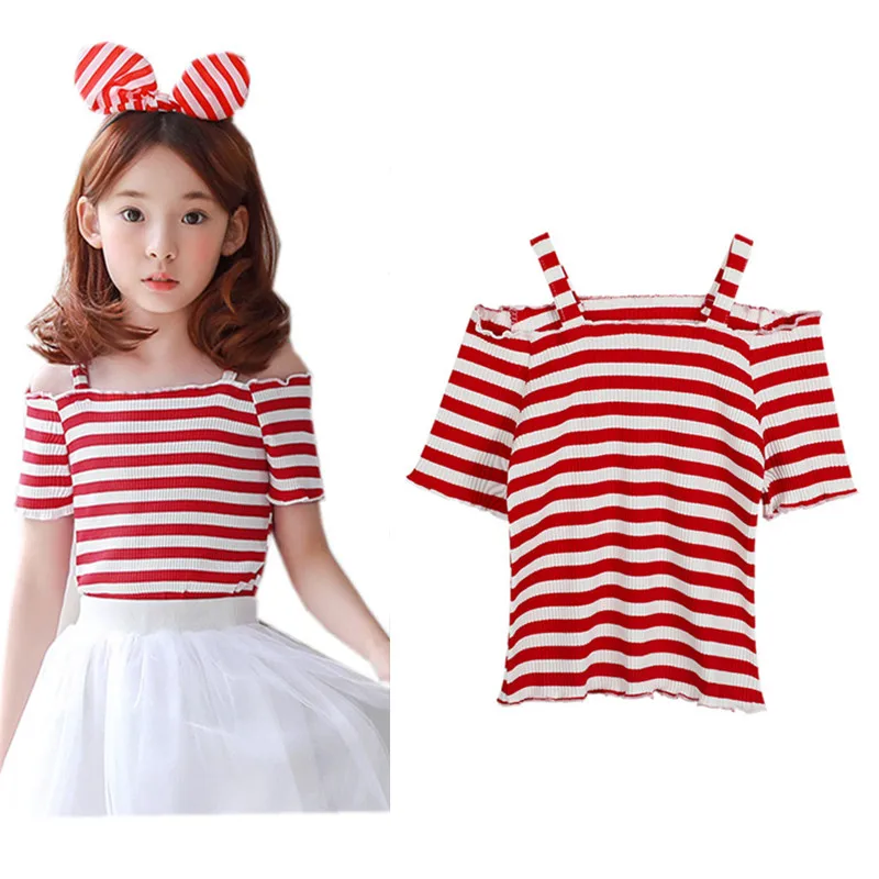 

3 to 12 years kids & teenager big girls 2018 summer red white striped off the shoulder cotton casual t shirts clothes child tops
