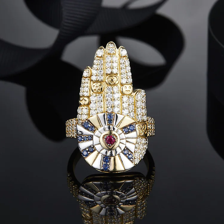 

#[MeiBaPJ]Luxury 925 Sterling Silver Yellow Gold Color Hamsa Hand Lucky Palm Rings Micro Cubic Zirconia Stones Women Jewel