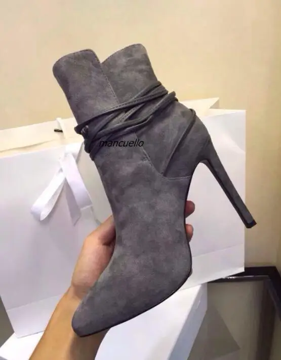 

Concise Design Grey Suede Rope Ankle Wrap Boots Fancy Pointy Stiletto High Heel Lace Up Ankle Boots Women High Quality Heels
