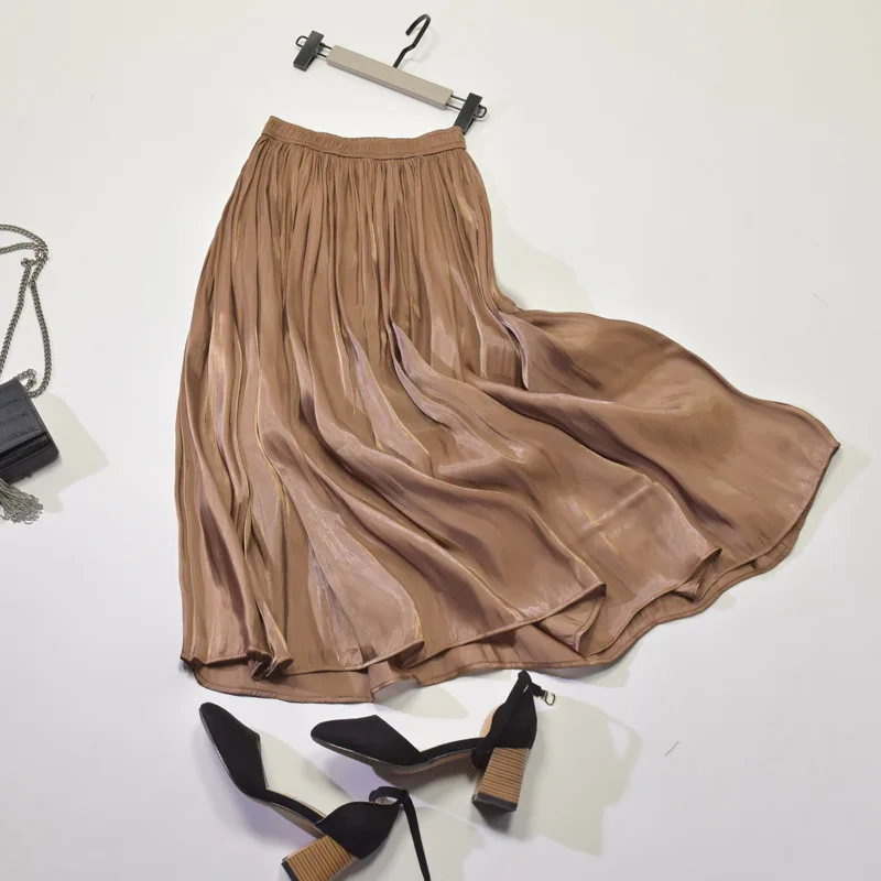 Шелковая сатиновая Длинная женская юбка, повседневная женская юбка, плиссированное шифоновое в Корейском стиле, пляжные летние юбки для женщин с эластичной талией - Цвет: Коричневый