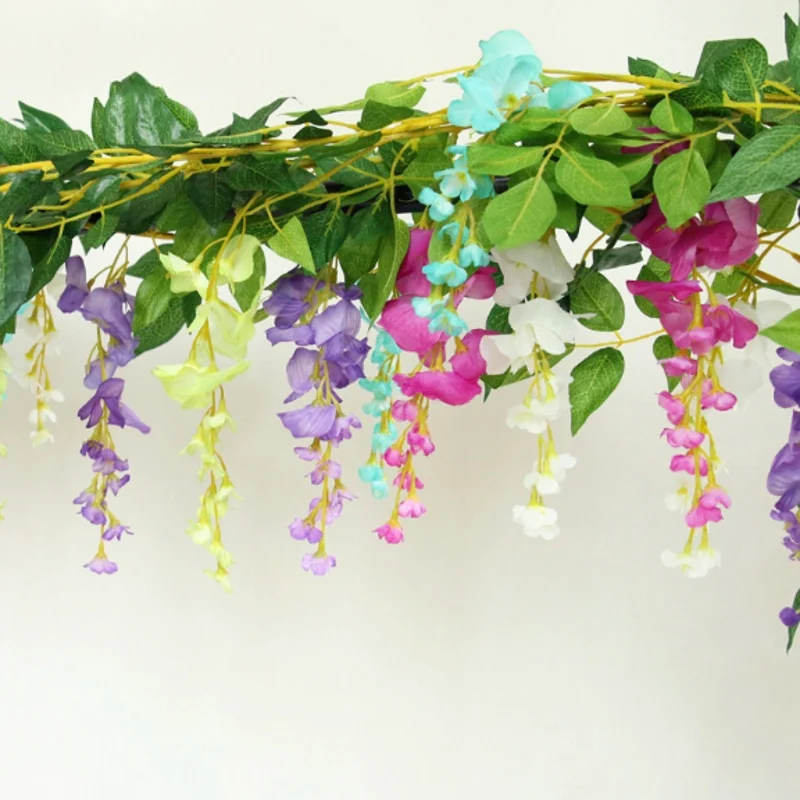 

2M Long Artificial Wisteria Flowers String Silk Fake Flowers Rattan Vine Hanging Garland Leaf Ivy DIY Wedding Home Decoration