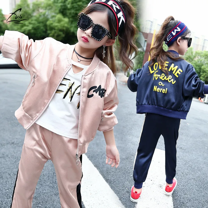 

FYH Kids Clothes Girls Tracksuit School Girls Autumn Spring Clothing Set Children Long Sleeve O-neck Satin Jacket+Track Pants