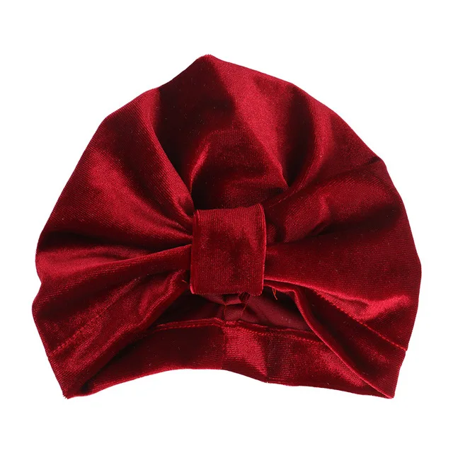 Wine red bow hat Новая бархатная детская шапка для девочек, осенне-зимняя шляпа для мальчика, реквизит для фотосъемки, эластичная Младенческая шапочка, тюрбан, шапка, аксессуары для малышей - Цвет: Wine red bow hat